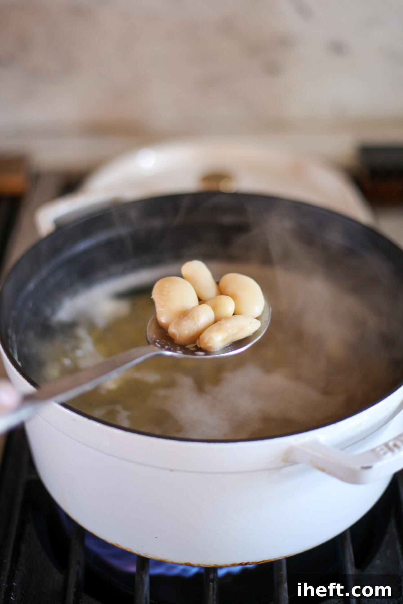 A slotted spoon gently lifts several plump, cooked giant white beans (Gigantes) from a pristine white Staub pot simmering on a stovetop, highlighting their creamy texture and readiness for the next step in the Gigantes Plaki recipe.