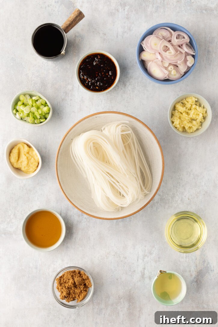An overhead view showcasing all the fresh, high-quality ingredients meticulously laid out for homemade chili garlic noodles: dry flat rice noodles, small bowls containing soy sauce, chili garlic sauce, thinly sliced shallots, minced fresh garlic, grated ginger, aromatic sesame oil, tangy rice vinegar, brown sugar, neutral avocado oil, and vibrant chopped green onions.