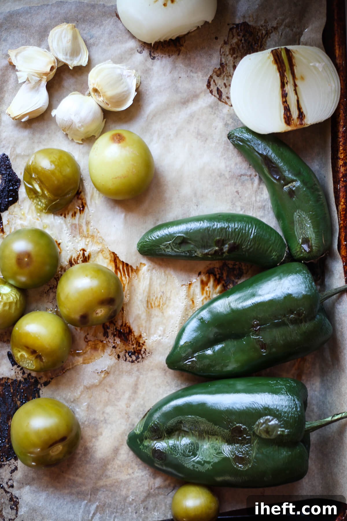 Roasted tomatillos, poblano and jalapeno peppers, onion, and garlic.