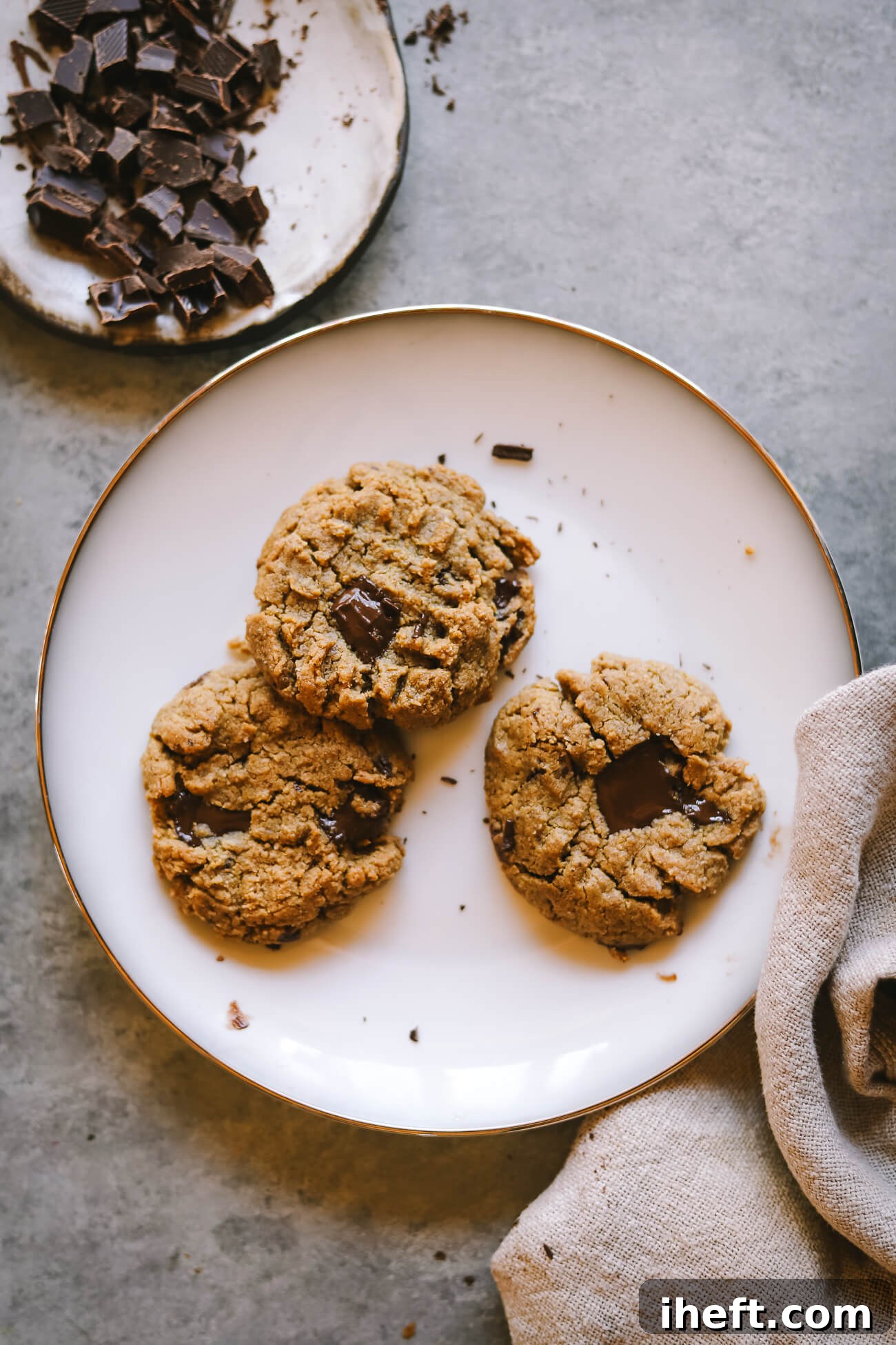 A crisp white plate presenting three wholesome, vegan, and gluten-free peanut butter cookies, generously studded with dark chocolate chunks, set against a chic grey background.