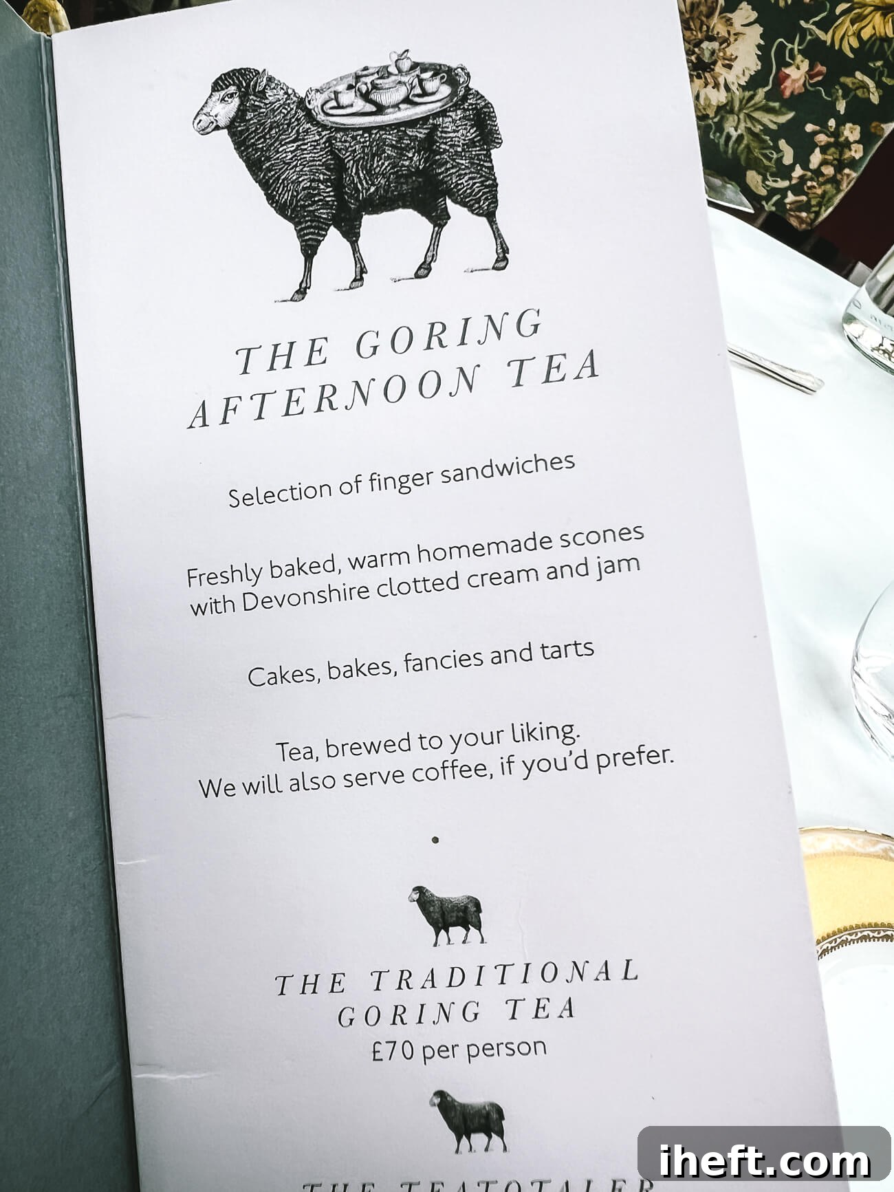 The elegantly designed front page of The Goring Afternoon Tea menu, featuring charming illustrations of sheep, hinting at the hotel's unique character and pastoral touch, offering a preview of the delightful culinary journey ahead.