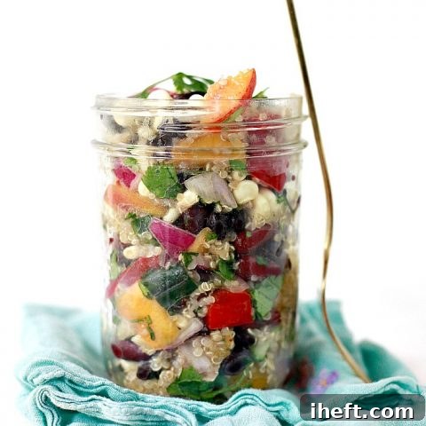 A beautifully plated Quinoa Salad with Avocado, Black Beans, Fresh Corn, and Peaches, garnished with fresh cilantro, ready to be served. This vibrant dish perfectly captures the essence of a healthy, summer meal.