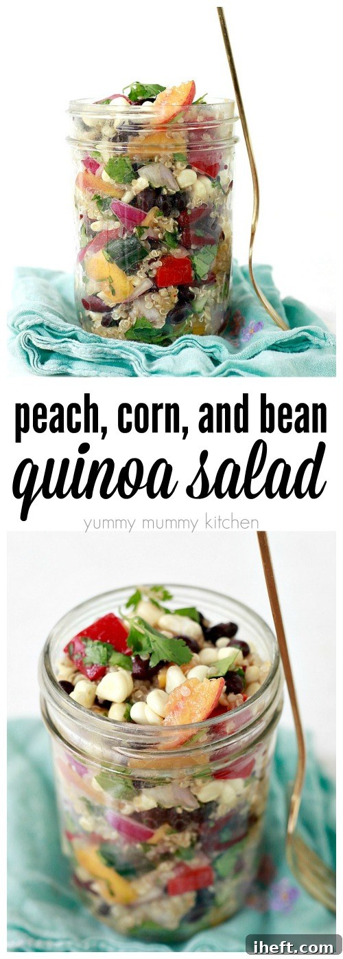 A large, vibrant bowl of delicious vegan quinoa salad, featuring a harmonious mix of black beans, sweet corn, and juicy peaches, perfectly seasoned and ready to be enjoyed as a refreshing and satisfying meal.