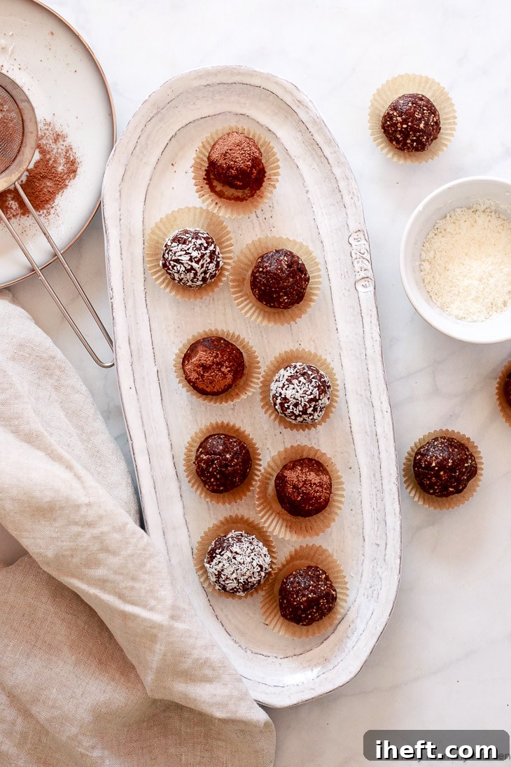 Delicious and healthy chocolate almond bliss balls, perfect for a quick snack or dessert. These energy bites are vegan, paleo, and gluten-free.