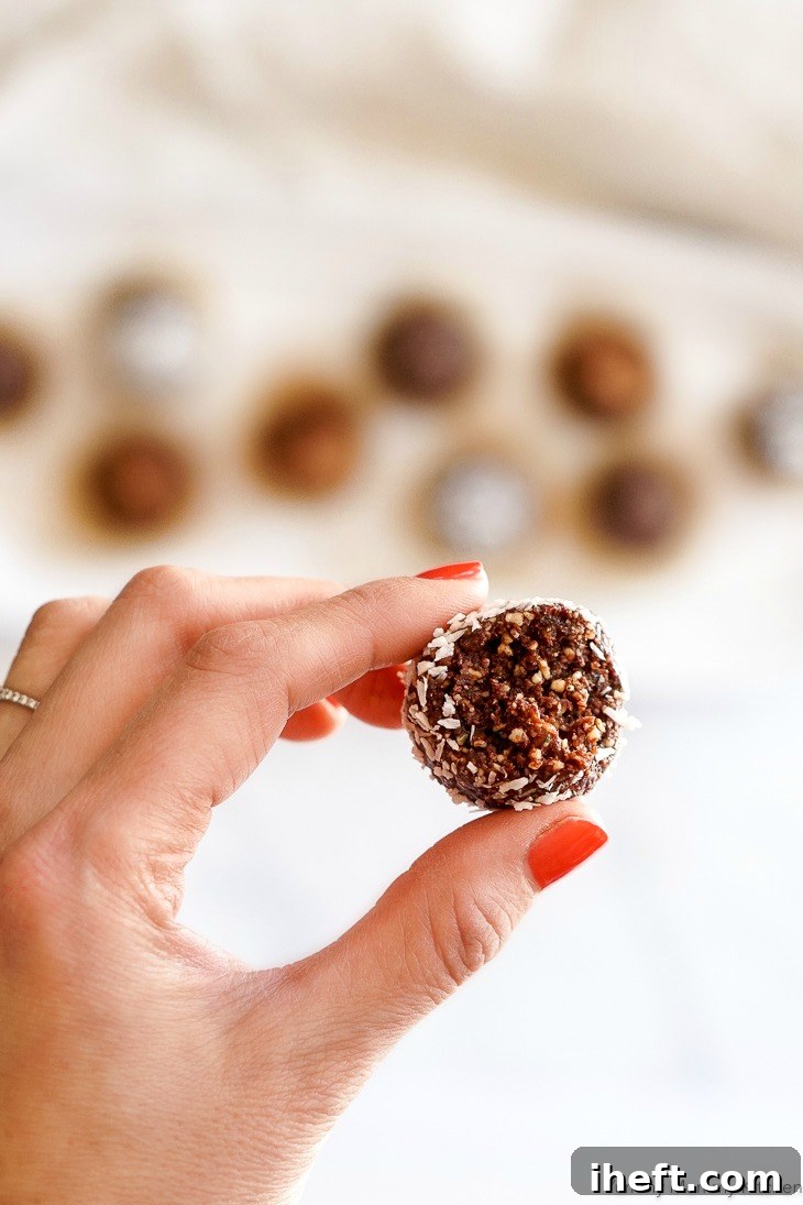 Irresistible chocolate bliss balls, coated in coconut flakes, highlighting their vegan, gluten-free, and paleo credentials as the ultimate healthier treat.