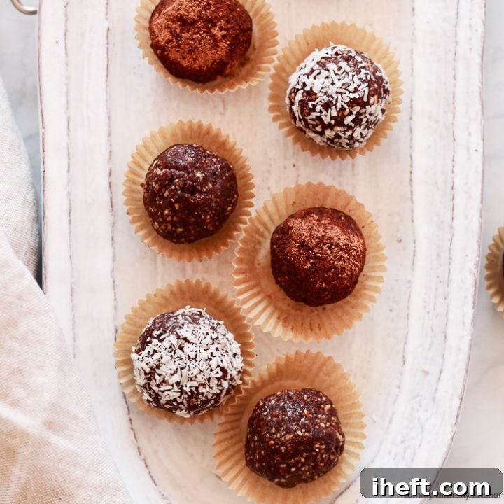 Cacao Almond Bliss Balls recipe image, showing the finished product, ready to be enjoyed.