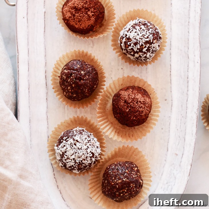 Healthy and delicious no-bake cacao almond bliss balls, a perfect snack for any time of day.