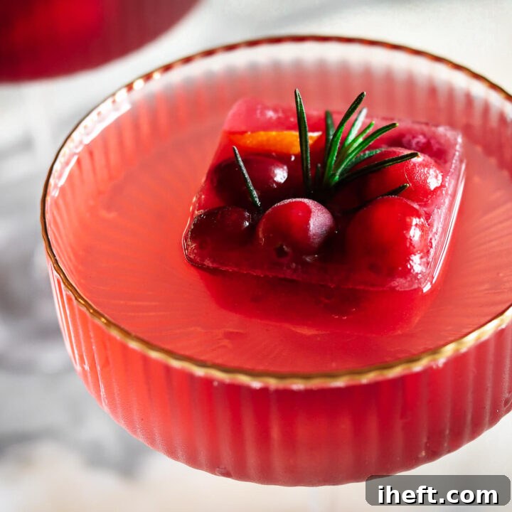 A large cranberry ice cube made with whole fresh cranberries, cranberry juice, and rosemary in a coupe glass filled with a Christmas drink.
