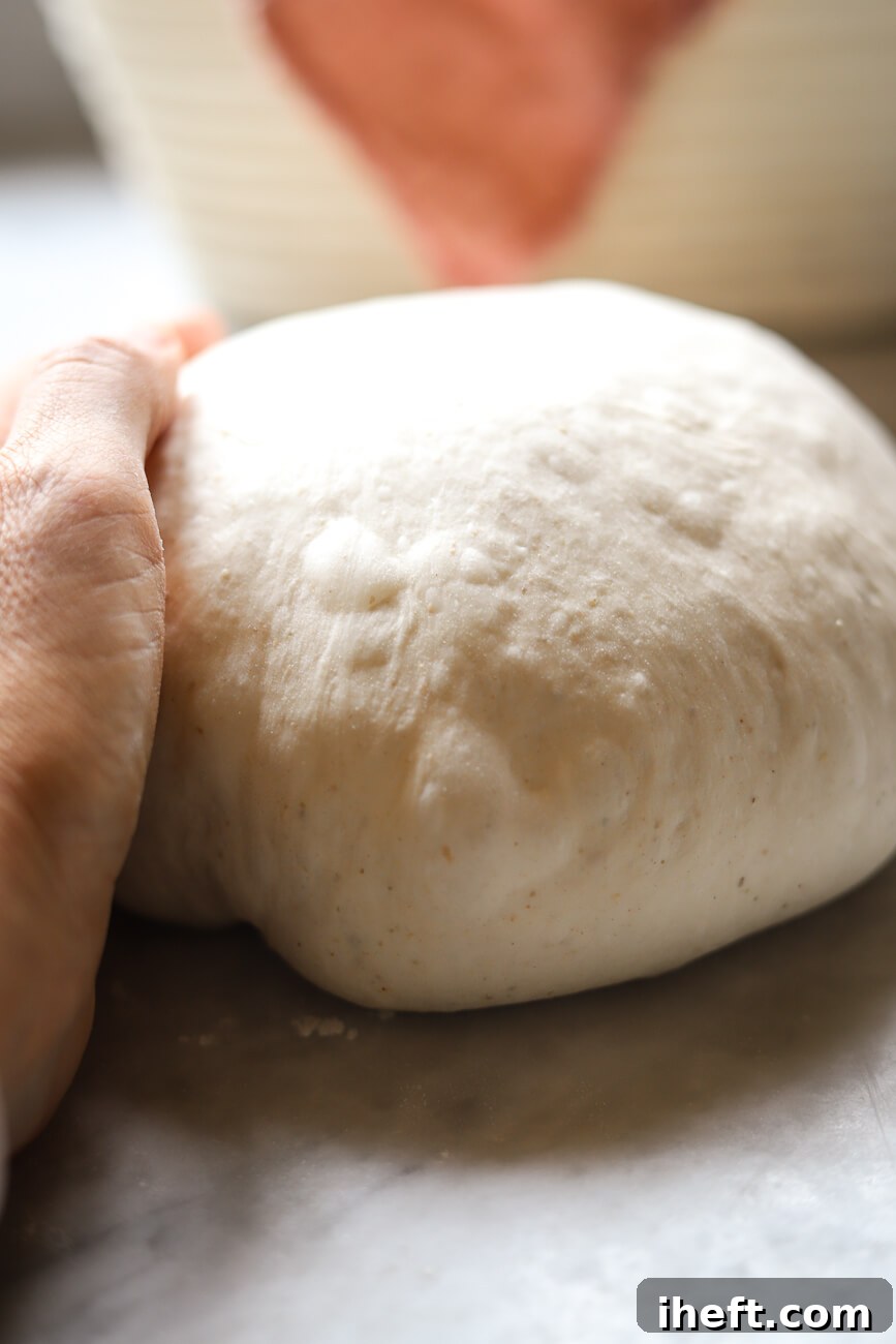 Sourdough dough in a straight-sided container showing how much it has risen during bulk fermentation.