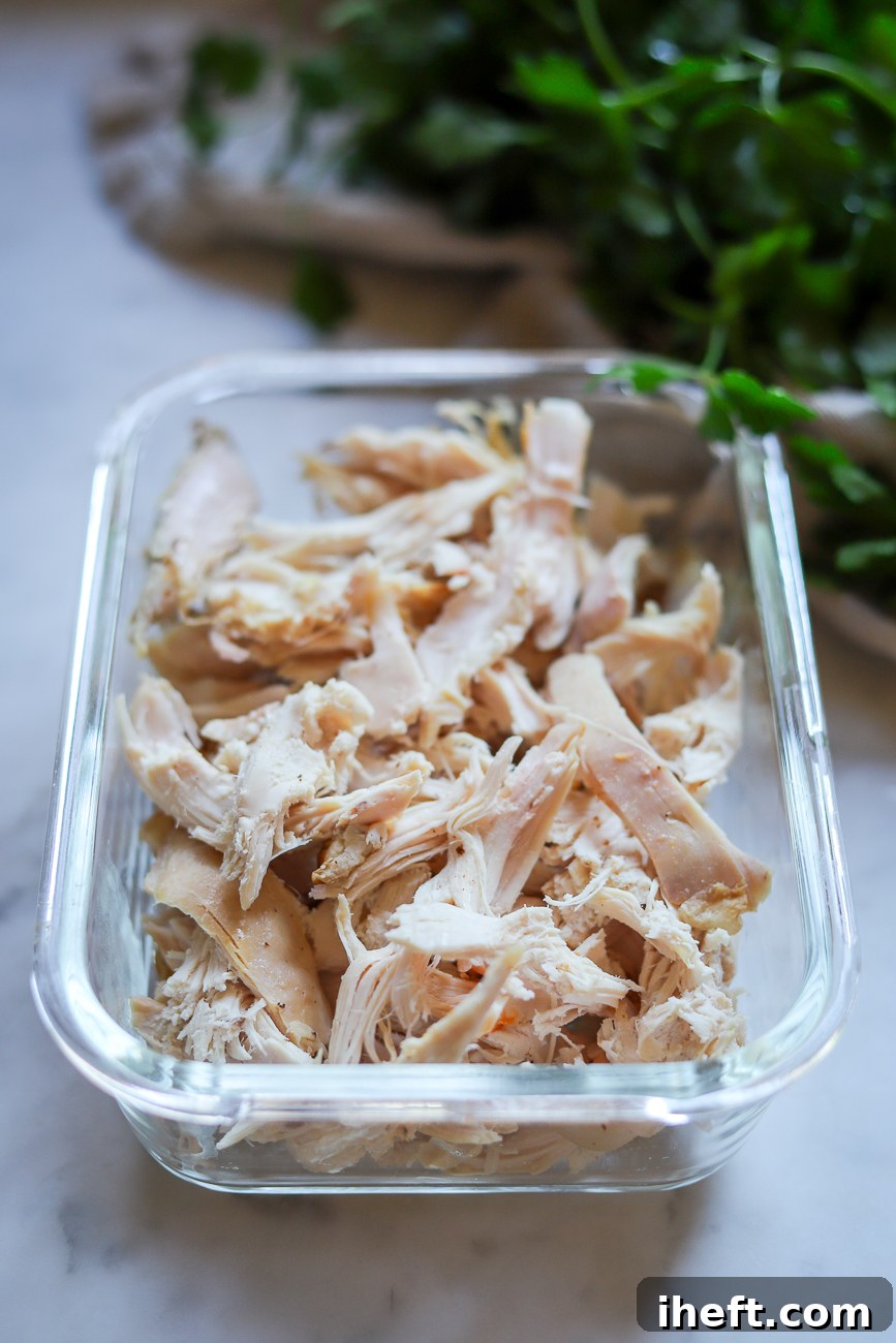 Shredded rotisserie chicken breast in a rectangle food storage container. 