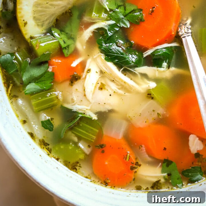 Close-up food photography of healthy gluten-free chicken vegetable soup in a white bowl.