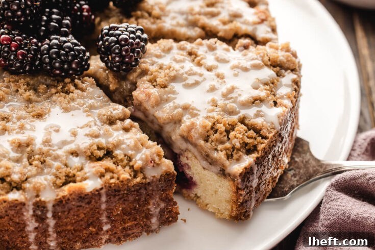 Blackberry coffee cake with streusel topping and glaze.