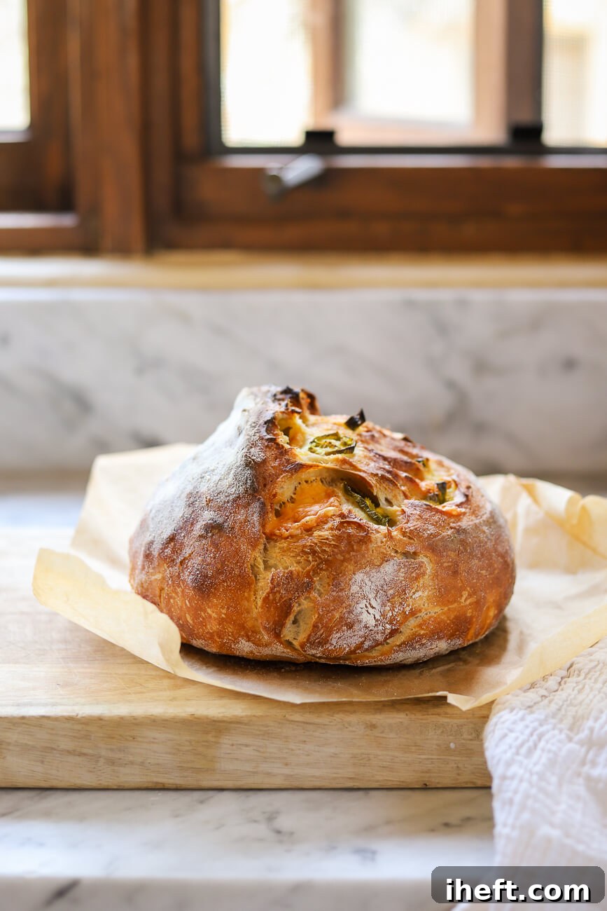 A crusty fresh loaf of Jalapeño Cheddar sourdough bread on a wooden cutting board on a marble kitchen counter. This artisan loaf has a rustic and delicious appearance with Jalapeño and cheddar cheese bits. 