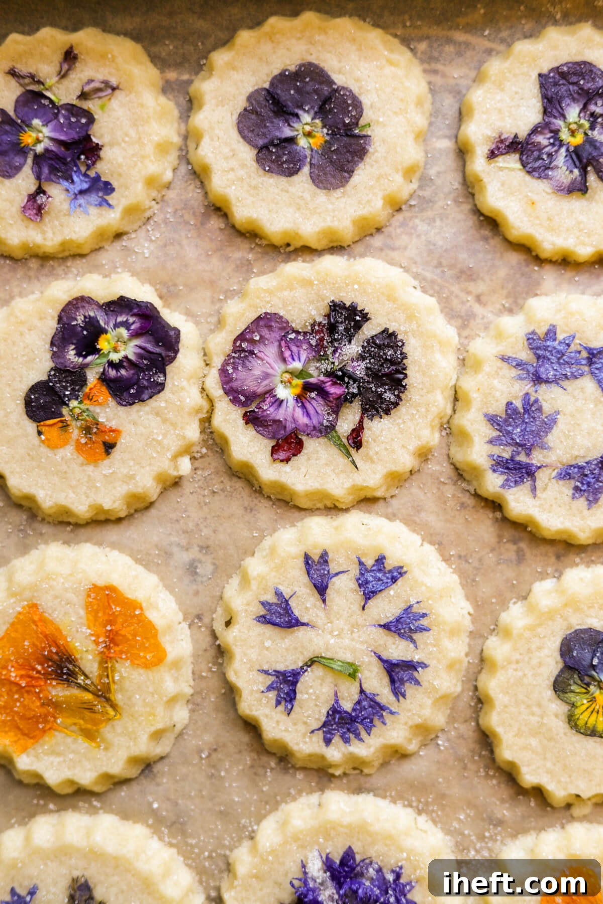 Purple and orange pressed edible flower cookies sprinkled with sugar on a parchment-lined cookie sheet. Beautiful spring dessert cookies.