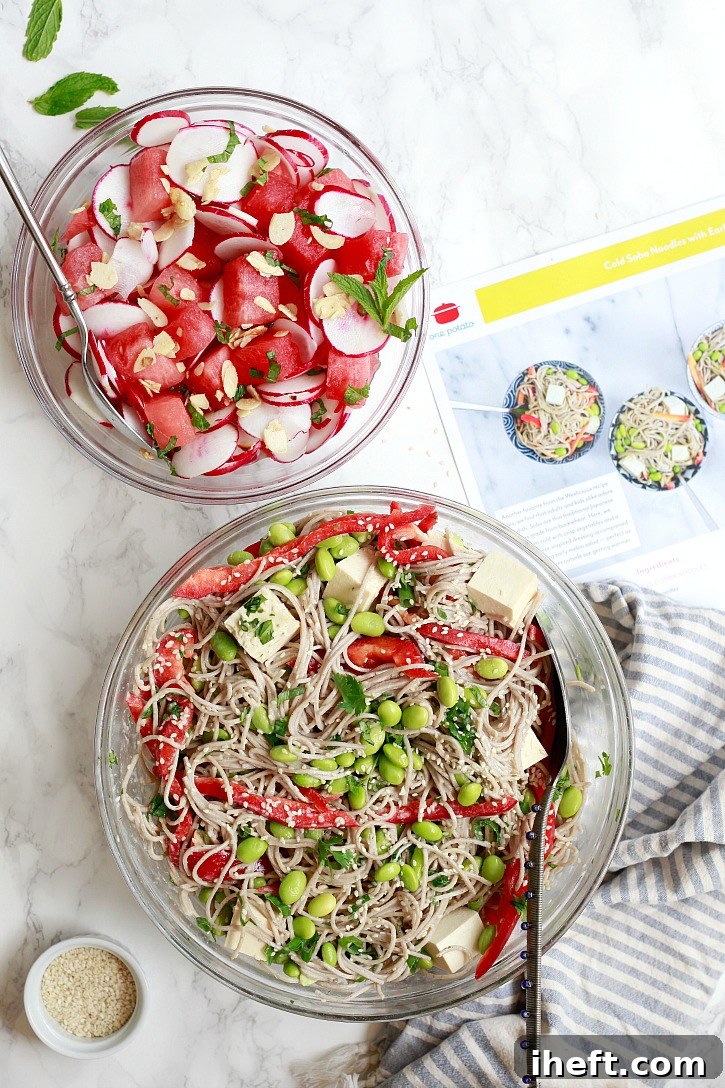 A vibrant bowl of cold soba noodles featuring crisp bell peppers, tender edamame, and perfectly seasoned tofu, prepared from a One Potato Box meal kit