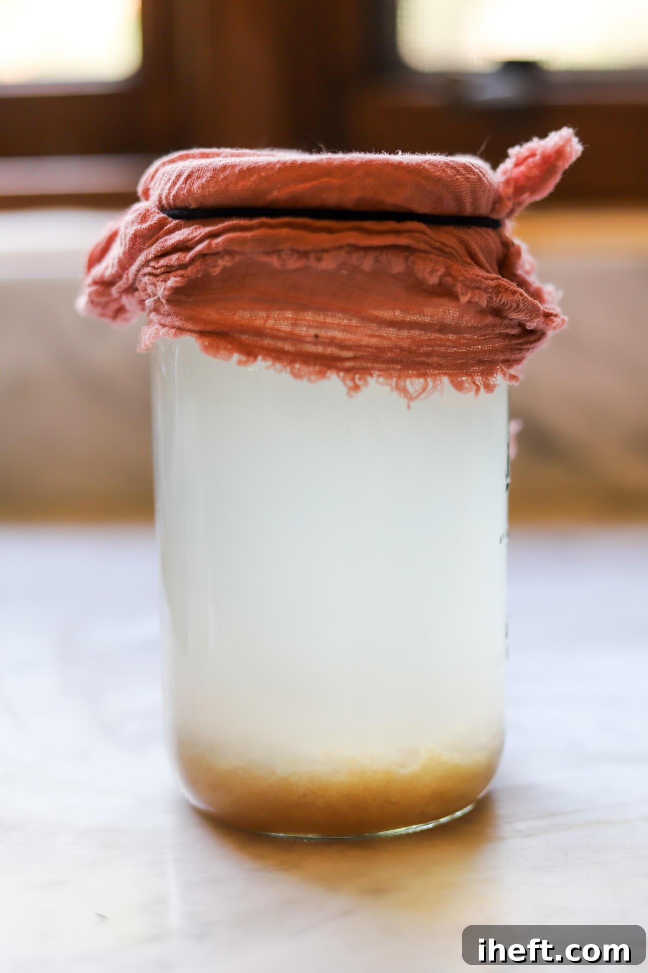 A jar of water kefir fermenting covered with a pink cloth on a white marble counter.