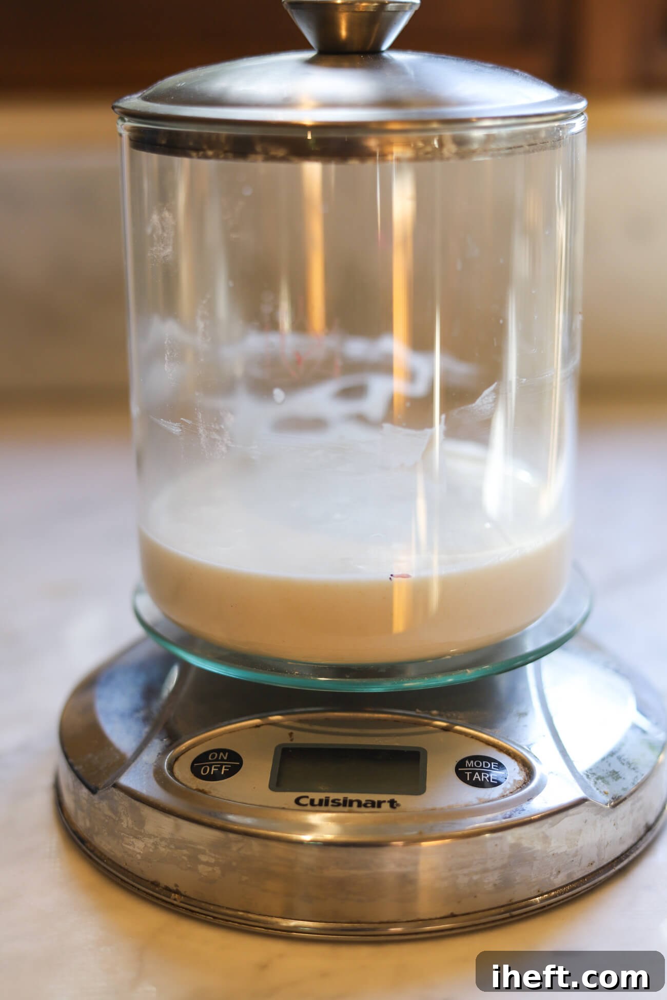 A clear glass container filled with gluten free sourdough starter levain sits on a Cuisinart kitchen scale on a marble countertop. This is the first step in making sourdough bread. 