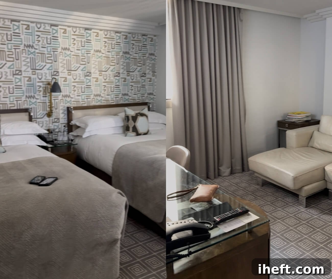 A look inside the studio suite with two beds at the Marylebone hotel. On the right, the living area with tan leather sofa and desk, on the left, two beds. 