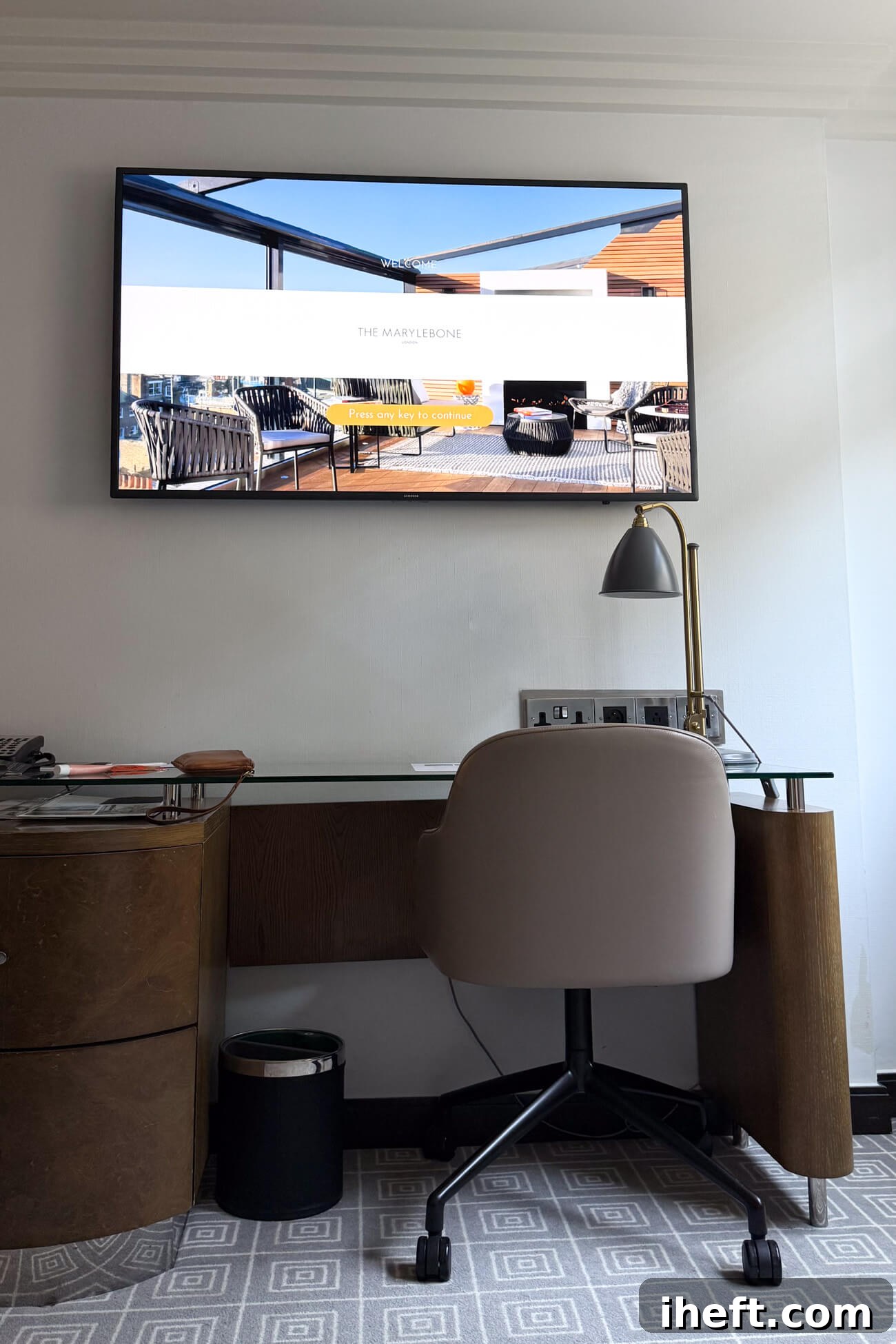 The desk and TV in a studio suite at the Marylebone in London. 