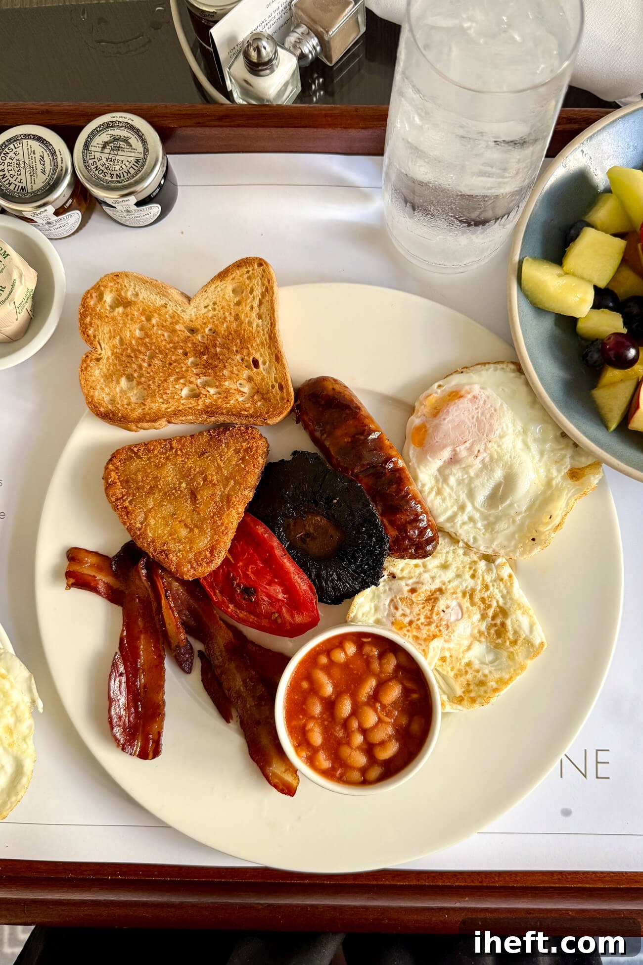 English breakfast served on a tray from the Marylebone Hotel room service. 