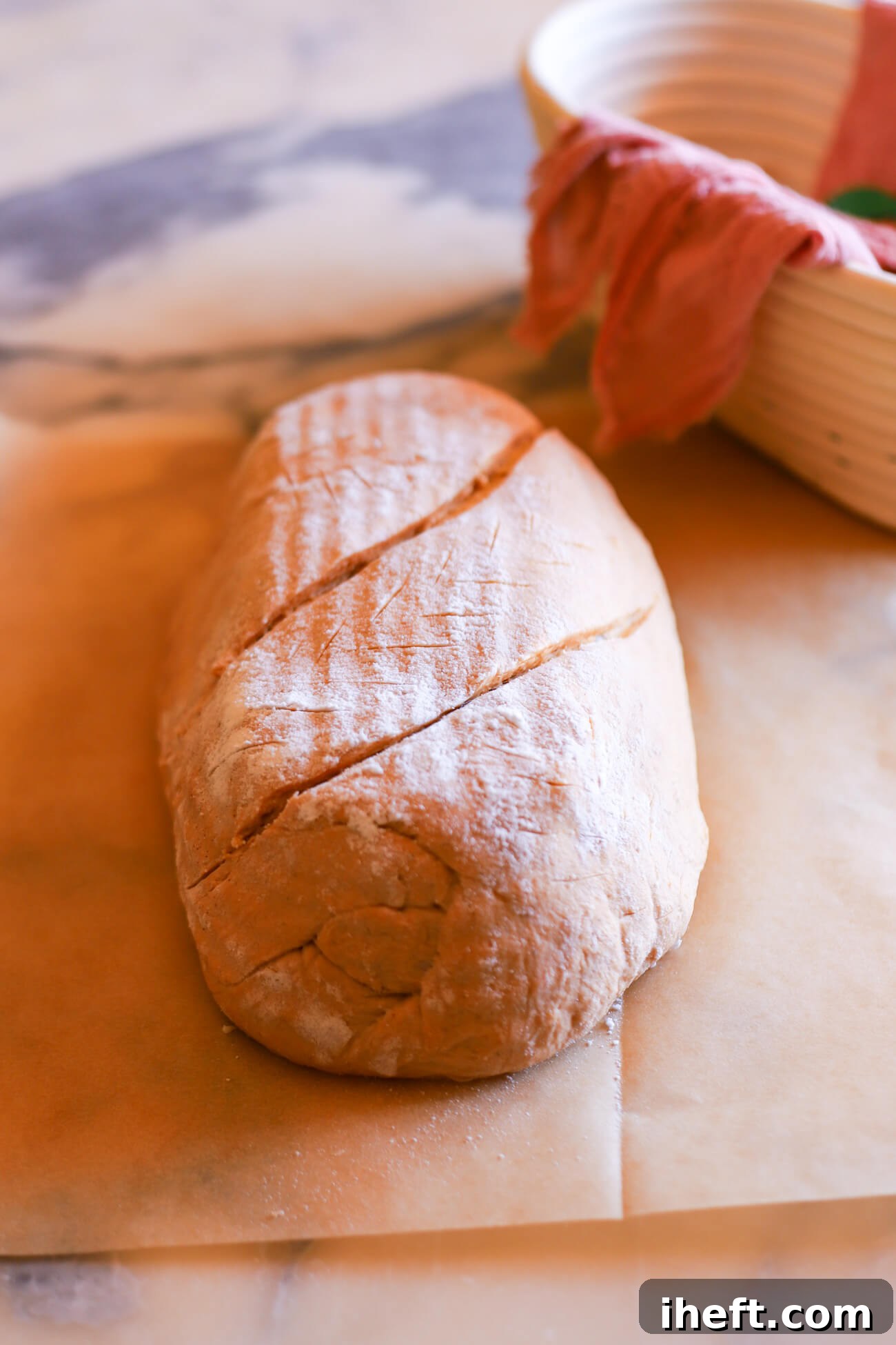 Fully proofed pumpkin sourdough bread dough on a piece of parchment paper with two diagonal slash scores.
