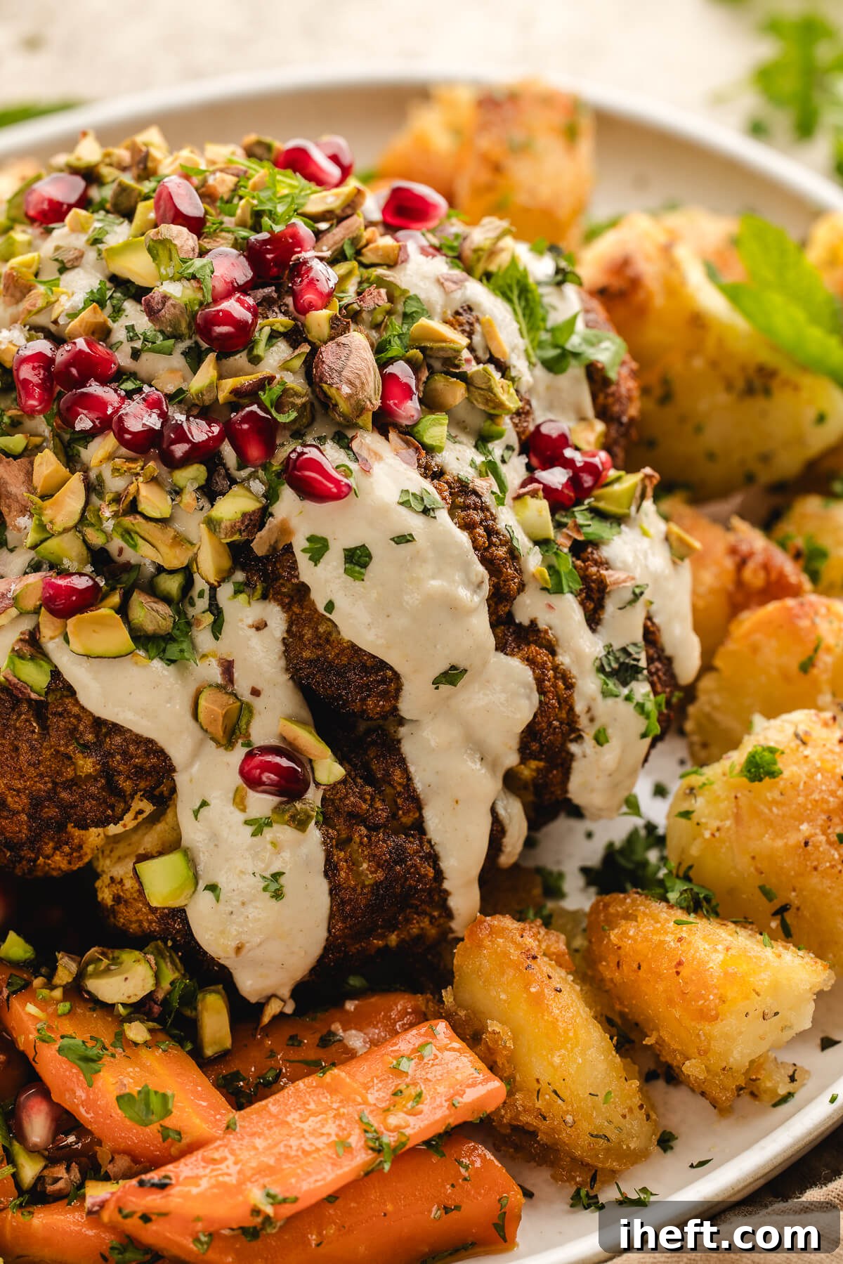 A whole roasted cauliflower adorned with creamy tahini dressing, pomegranate, pistachios, and fresh herbs, served on a platter with roasted potatoes and carrots, creating a festive holiday meal.