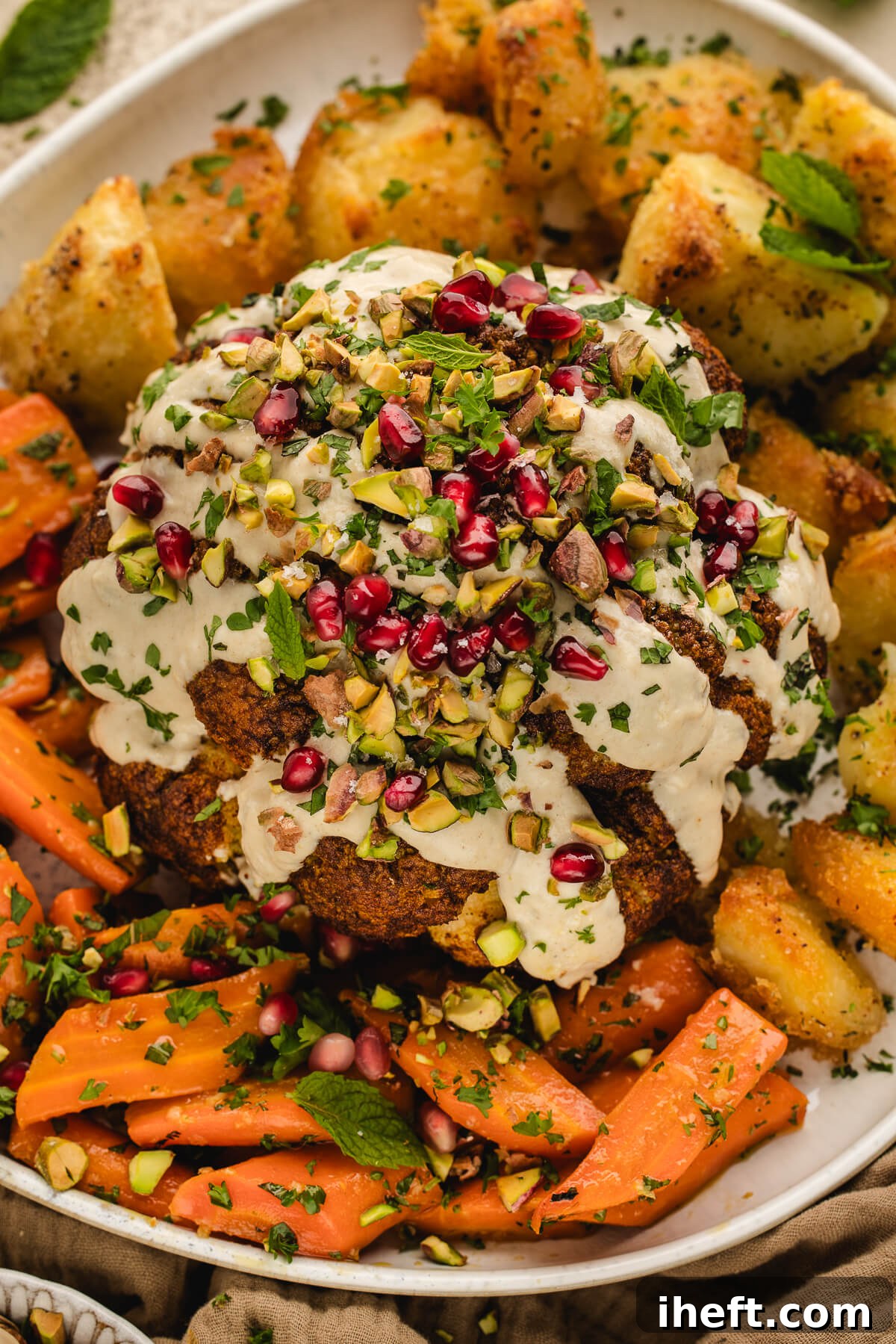 Whole roasted cauliflower with tahini sauce, pistachios, and pomegranate seeds served on a platter with roasted carrots and potatoes — a beautiful vegetarian holiday centerpiece.
