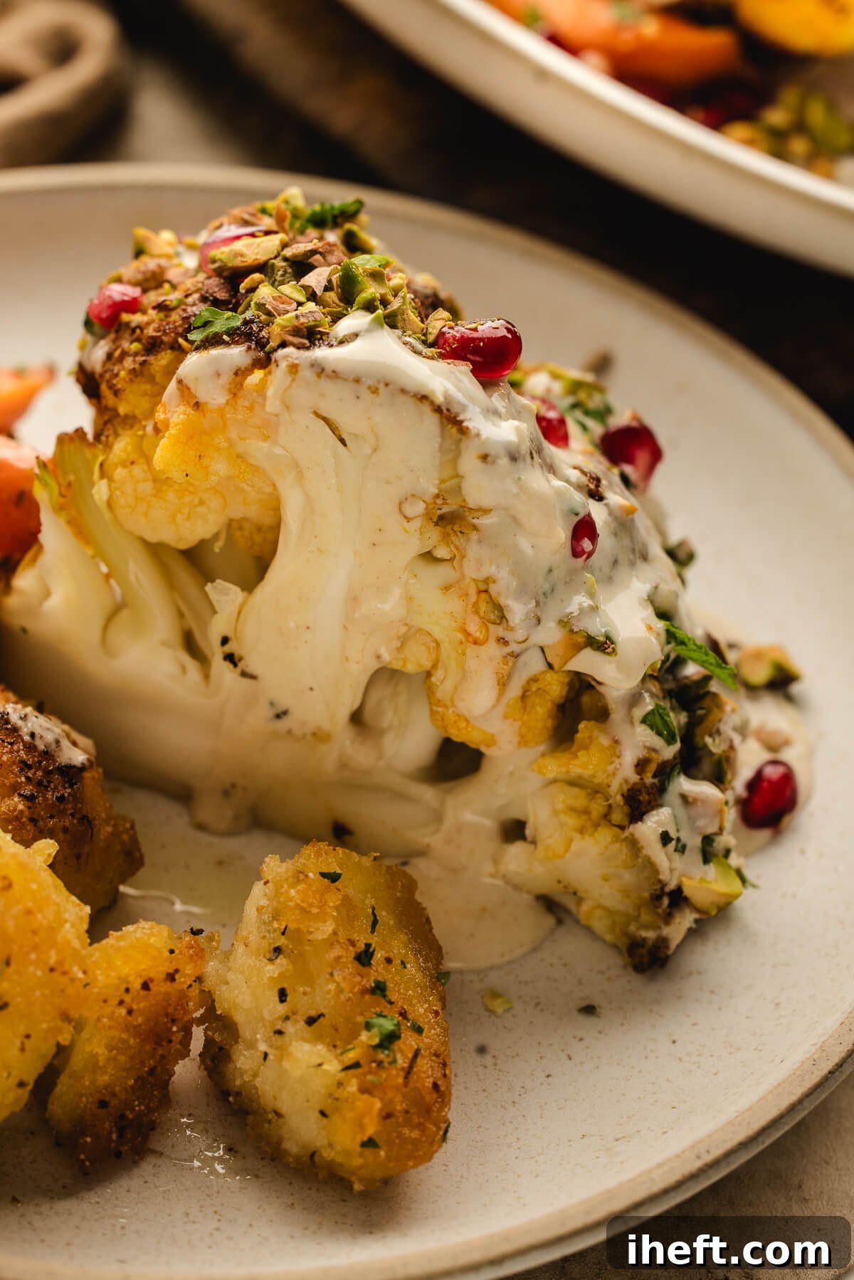 Close-up of a slice of roasted cauliflower topped with creamy tahini sauce, chopped pistachios, and pomegranate seeds, served with crispy potatoes.