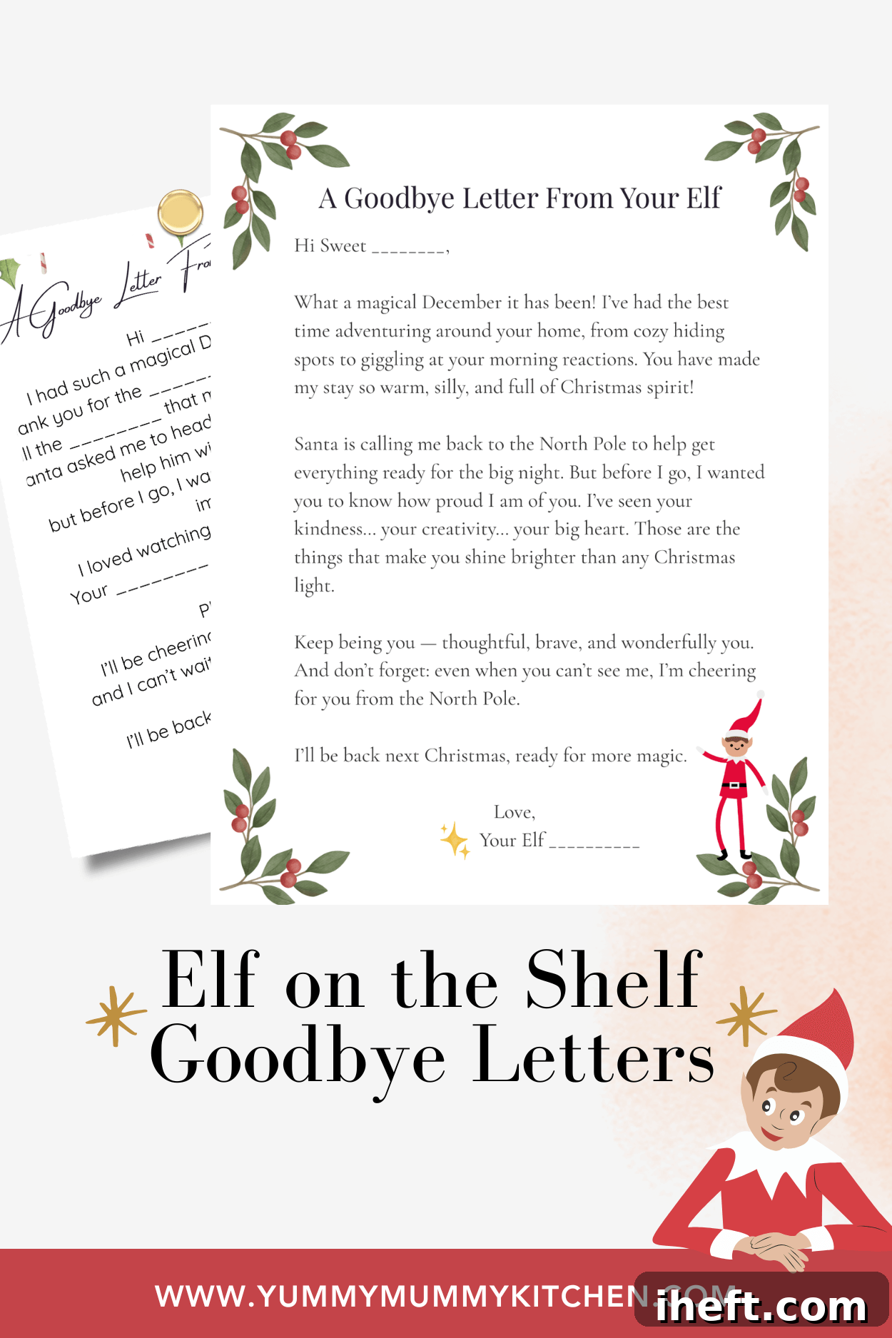 A set of printable Elf on the Shelf goodbye letters displayed on a holiday-themed background, featuring different cute and festive designs that parents can download and print for their child.