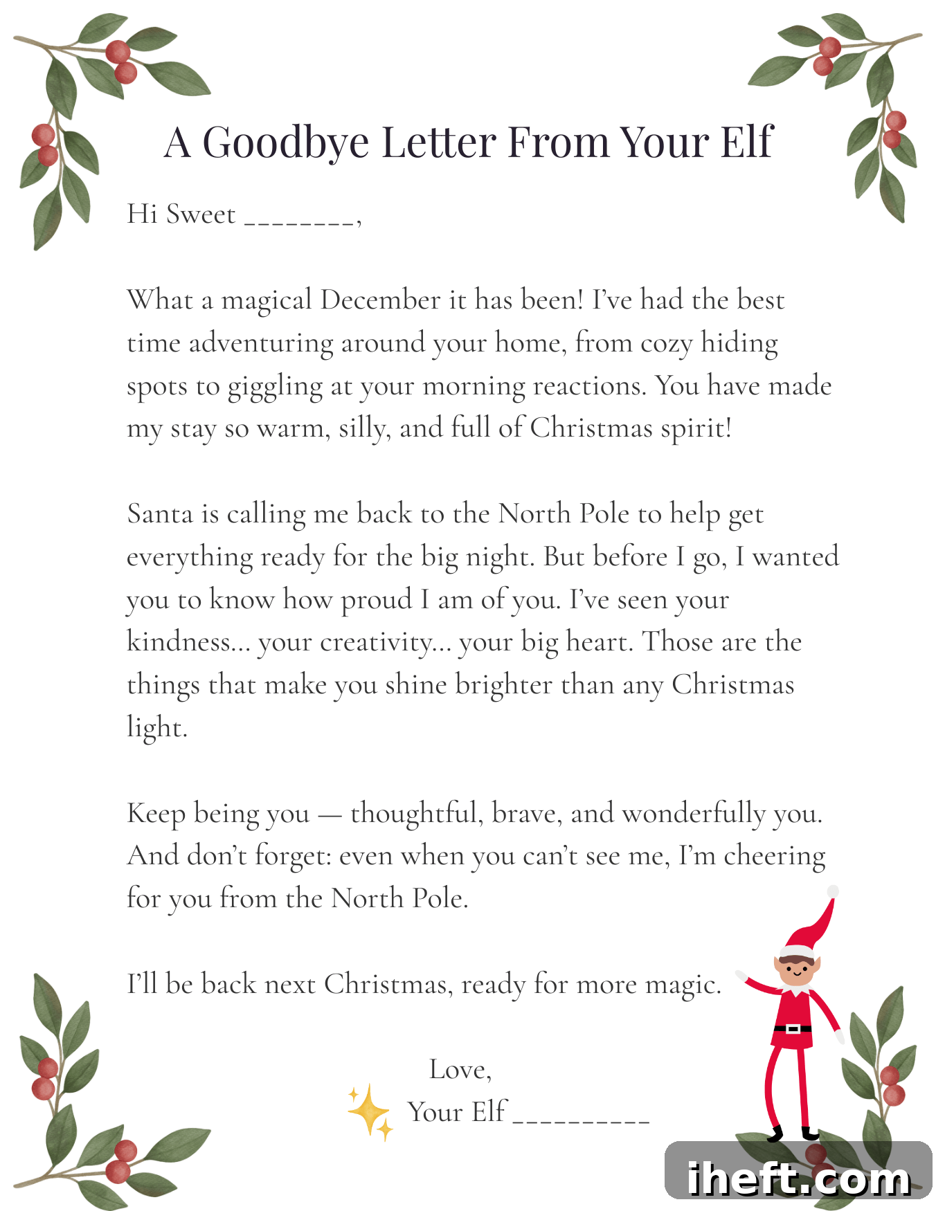 Printable Elf on the Shelf goodbye letter with a sweet heartfelt message, holly and berry illustrations, and a small elf graphic at the bottom.