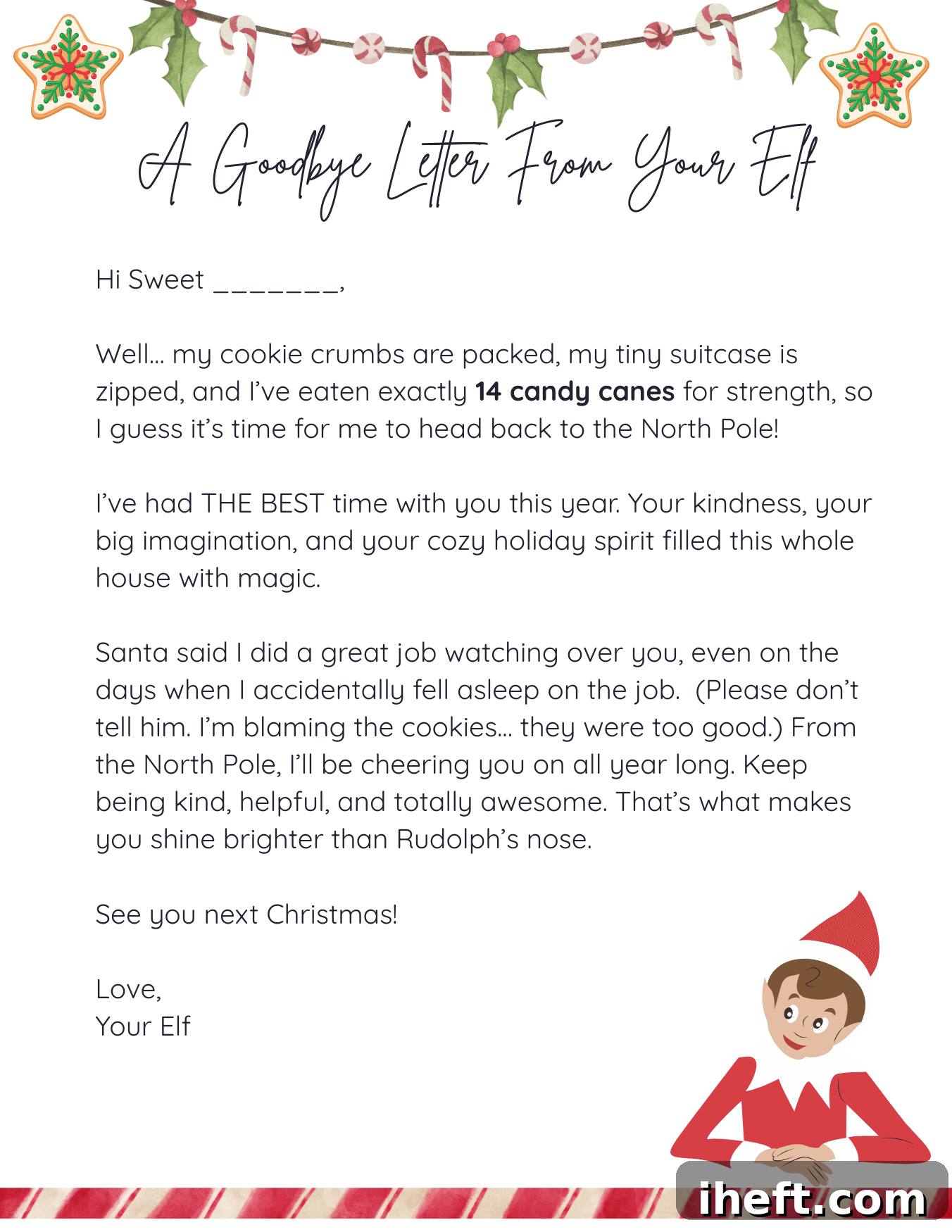 Printable silly Elf on the Shelf goodbye letter with candy cane border, playful holiday message, and a smiling elf illustration.
