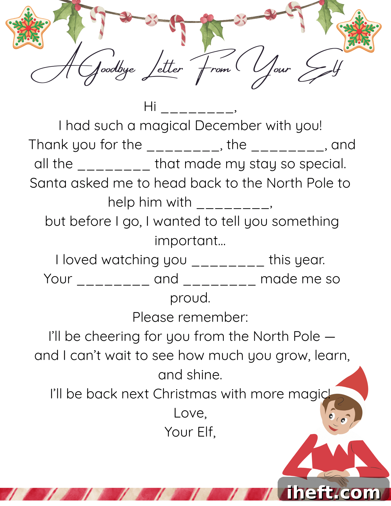 Printable fill-in-the-blank Elf on the Shelf goodbye letter with holiday garland, blank spaces for personalization, and a cute elf illustration.