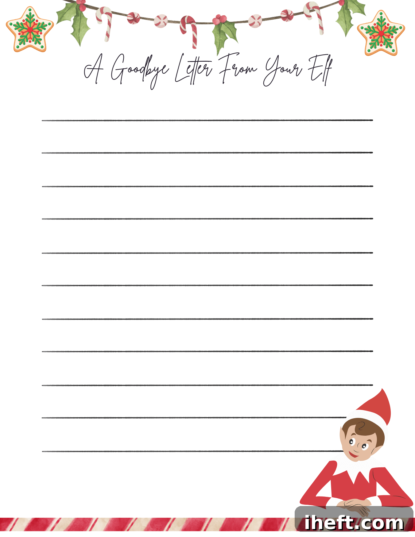 Printable Elf on the Shelf goodbye letter template with lined page, holiday garland, and a cute elf illustration.