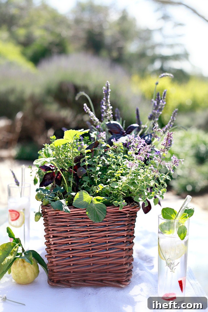 An herb garden basket makes a beautiful and edible table centerpiece.