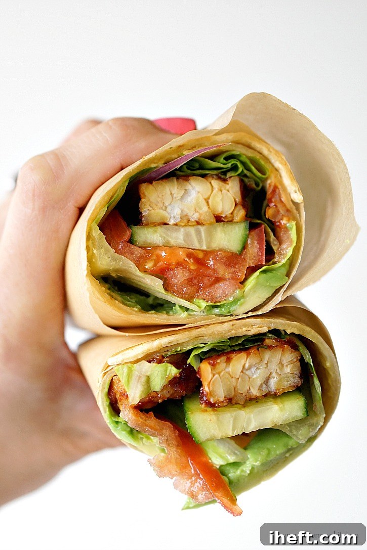 This BBQ tempeh wrap offers delicious BLT-inspired flavors for a satisfying plant-based meal.