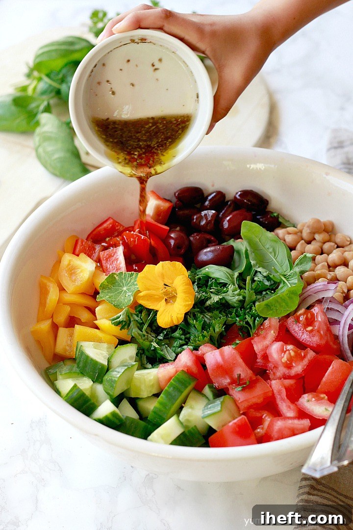 Healthy vegan Greek salad recipe with a light Greek salad dressing