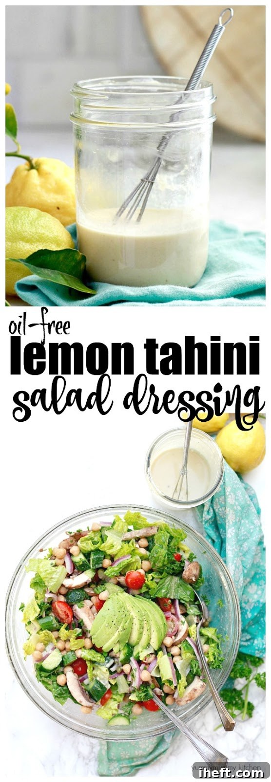 A bottle of freshly made lemon tahini dressing, ready to be used, with a bright yellow lemon in the background.