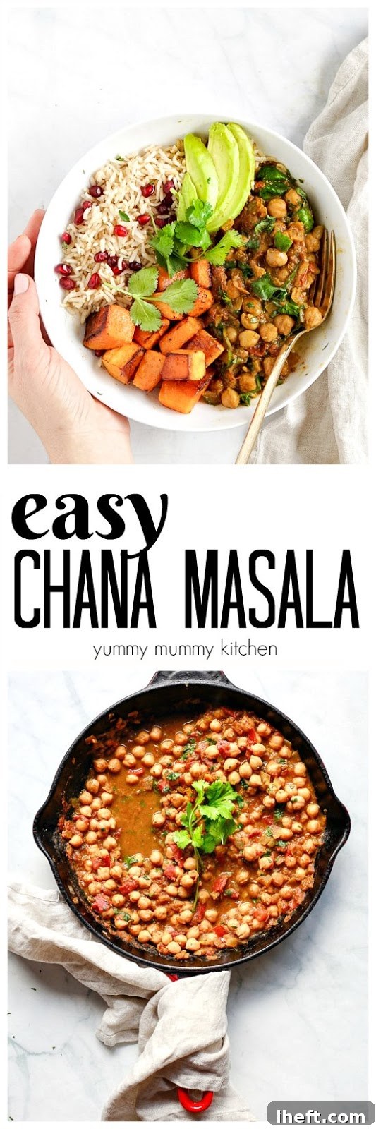 This easy Chana Masala serves as a perfect vegan dinner or the main component of a beautiful and nutritious Buddha bowl, adaptable with rice, quinoa, naan, or various vegetables.