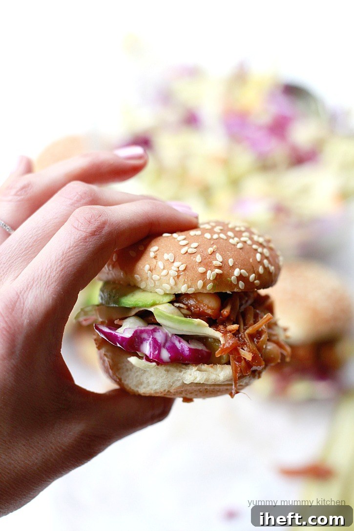 Easy Slow Cooker Vegan BBQ Pulled Jackfruit and Bean Sandwiches with Creamy Slaw and Sliced Avocado