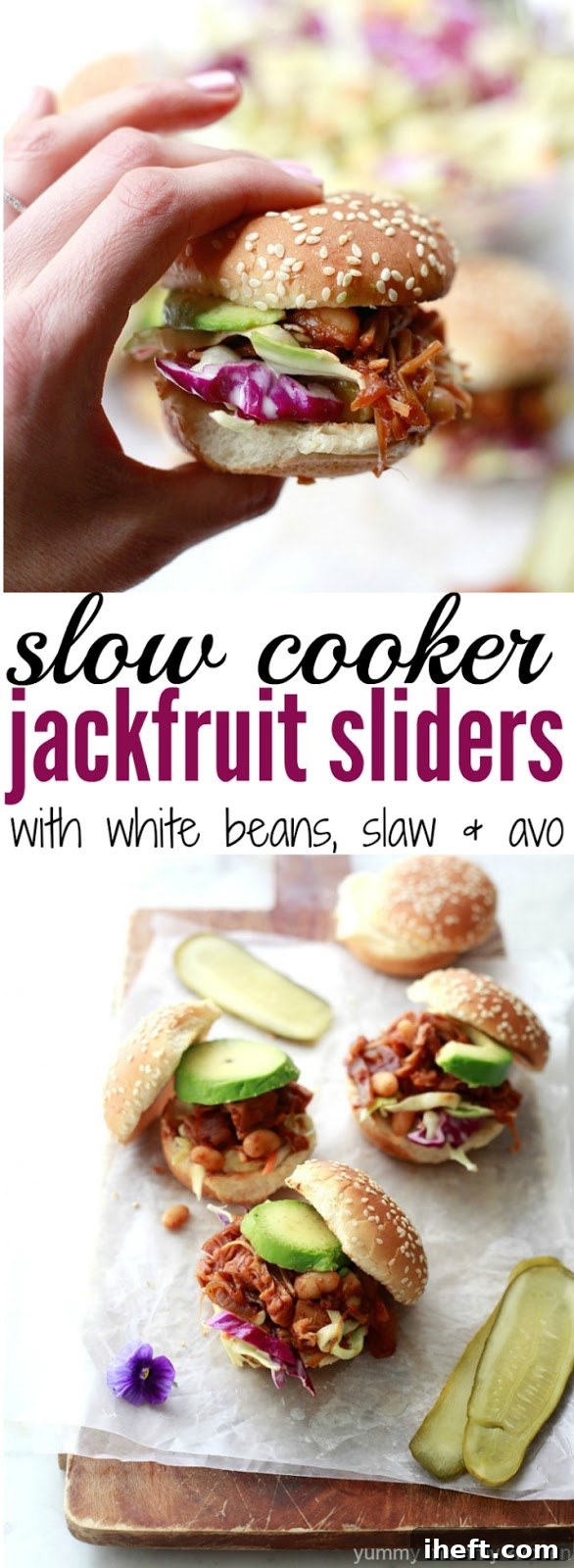 A close-up of a Slow Cooker Jackfruit Sandwich, loaded with beans and coleslaw, on a rustic serving board. A perfect hearty vegan meal.