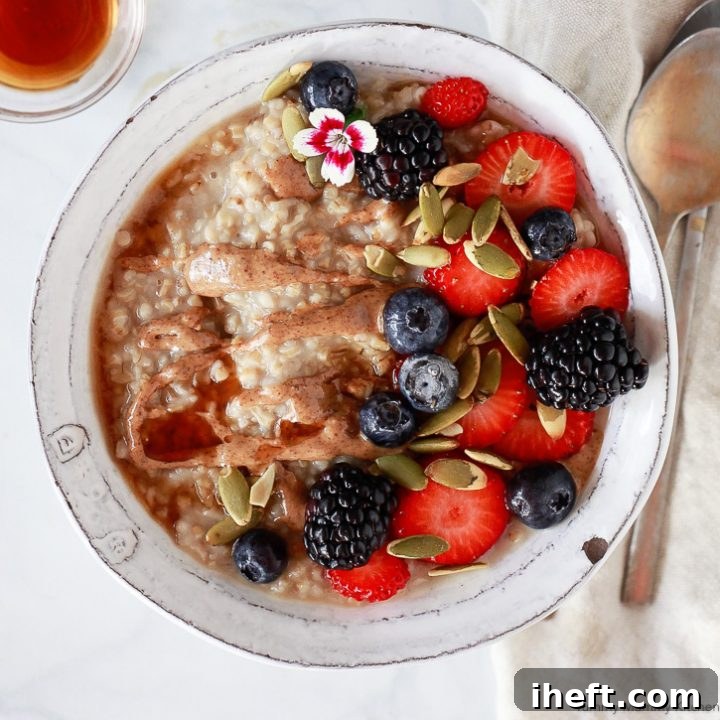Slow Cooker or Instant Pot Steel Cut Oats ready to be served and enjoyed.