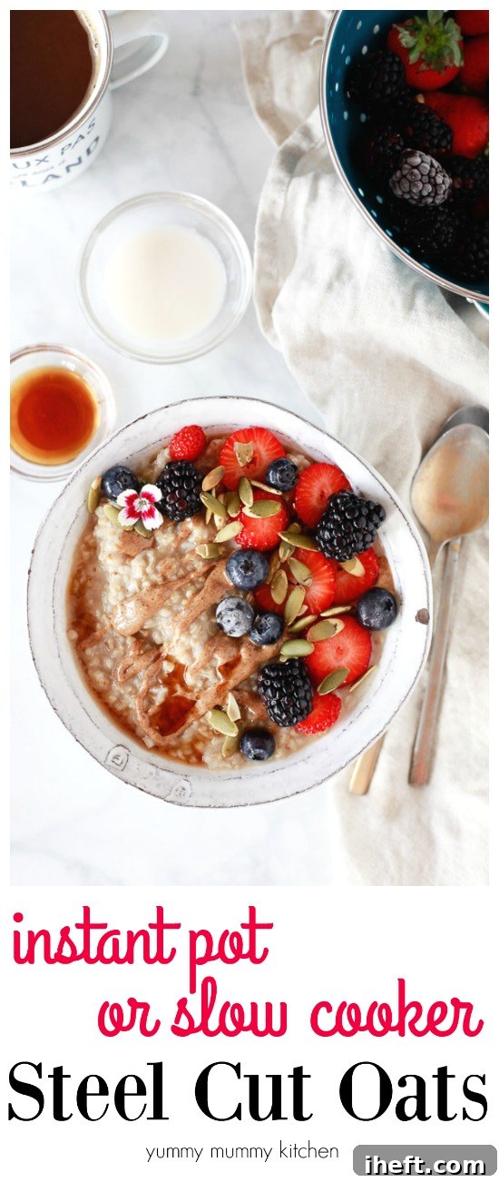 This easy slow cooker steel cut oats recipe makes a beautiful and wholesome breakfast that's vegan and gluten-free. Includes a variation for Instant Pot steel cut oats for quick preparation.