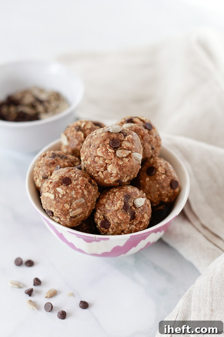 Delicious sunflower seed butter and chocolate chip no-bake energy balls, specifically designed as a safe, nut-free, dairy-free, and gluten-free snack for school lunches and kids.