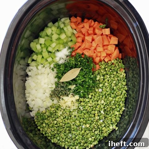 A comforting bowl of vegetarian slow cooker split pea soup, a perfect example of the wholesome dishes in this roundup.