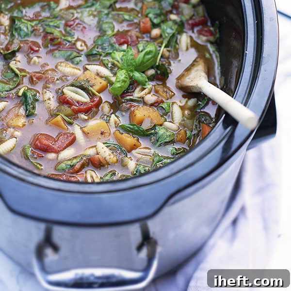 Pin this Vegetarian Slow Cooker Minestrone Soup recipe