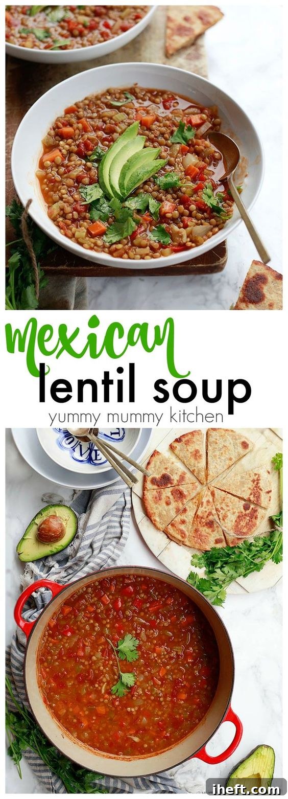 Mexican lentil soup served with a quesadilla and avocado for a delicious vegetarian dinner.