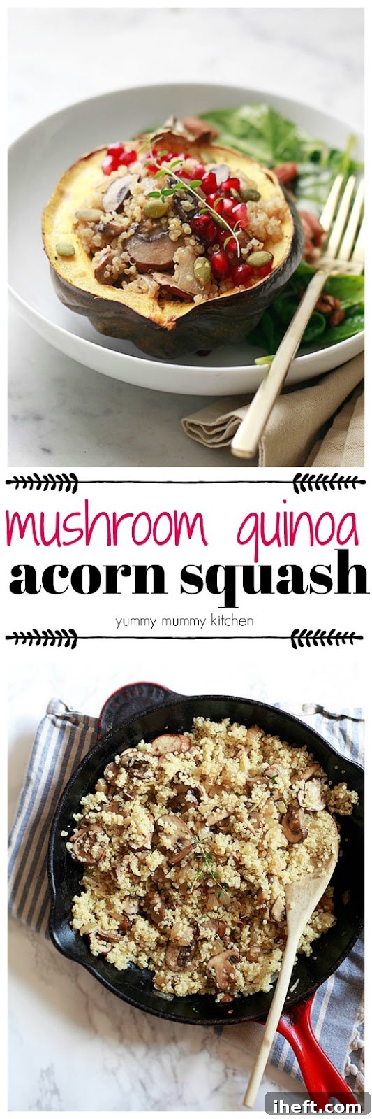 Roasted acorn squash filled with hearty mushroom quinoa makes a delicious vegetarian and vegan autumn dinner perfect for Thanksgiving or any night!