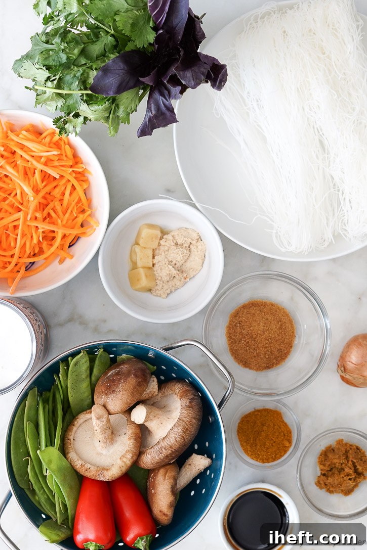 This easy vegan curry soup recipe features essential ingredients like aromatic garlic, fresh ginger, flavorful curry paste, comforting rice noodles, and a colorful array of fresh vegetables.