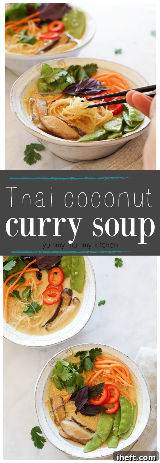 A close-up of a delicious and easy vegan curry soup, generously topped with rice noodles, fresh vegetables, and creamy coconut milk.