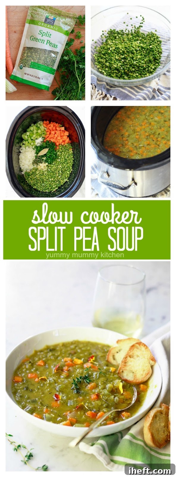 A close-up, inviting shot of a comforting bowl of vegetarian slow cooker split pea soup, emphasizing its hearty texture, rich color, and inviting warmth, perfect for a cozy meal.